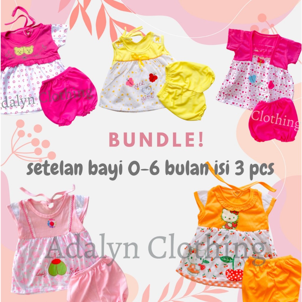 Adalyn Clothing - bundle isi 3 setelan bayi 0-6 bulan / setelan bayi perempuan / baju bayi perempuan