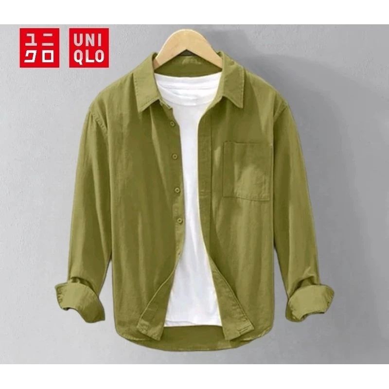 Baju kemeja UNIQLO Pria Lengan Panjang Basic Model Slim Fit Bahan Katun Sage Putih