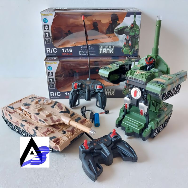 Mainan RC Militer Jadi Robot Remote Control Mobil Tank Baja Transformers Ada Lampu & Suara Tembakan 