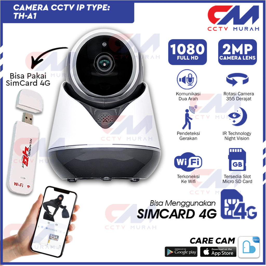 Kamera CCTV IP Simcard 4G 2MP Full HD 1080p, Support Menggunakan Modem 4G, Tanpa Wifi & Kabel App CA