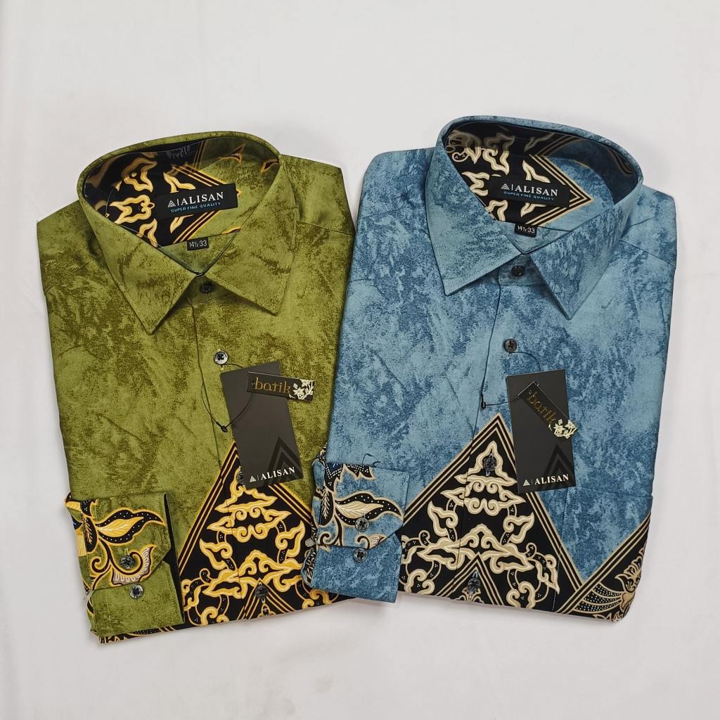 Kemeja Batik Pria Alisan Premium Lengan Panjang Reguler Motif Gunungan Biru Hijau