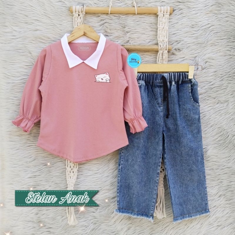 Setelan baju anak perempuan lengan panjang usia 3-12 tahun celan kulot denim anak
