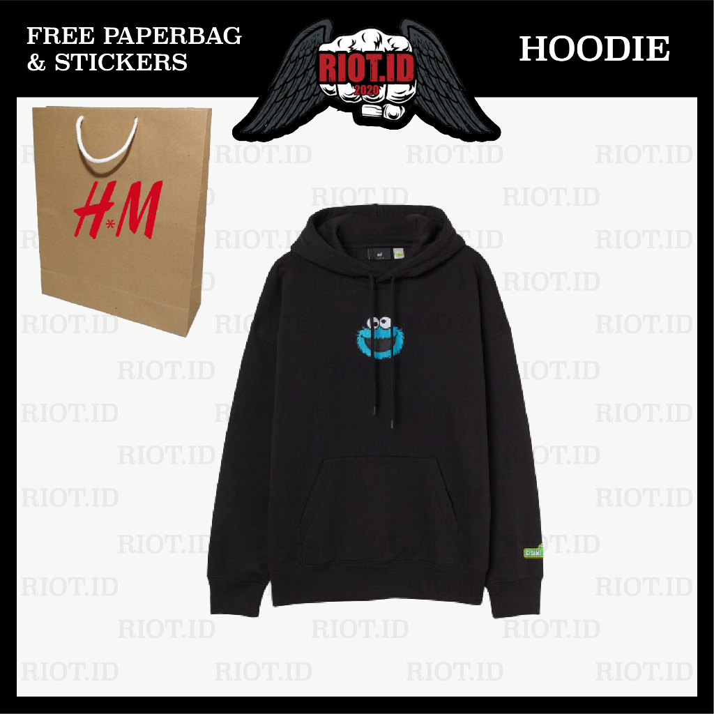(3.3) Hoodie HM Elmo Hitam Black FREE PAPER BAG Full Tag Jaket Sweater Jaket Pria Wanita Perempuan L