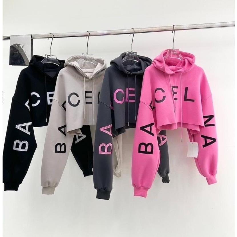 SWEATSHIRT CROOPE OVERSIZE - SWEATER CROP HOODIE BARCELONA - BAHAN FLECE STREET STYLE TERBARU