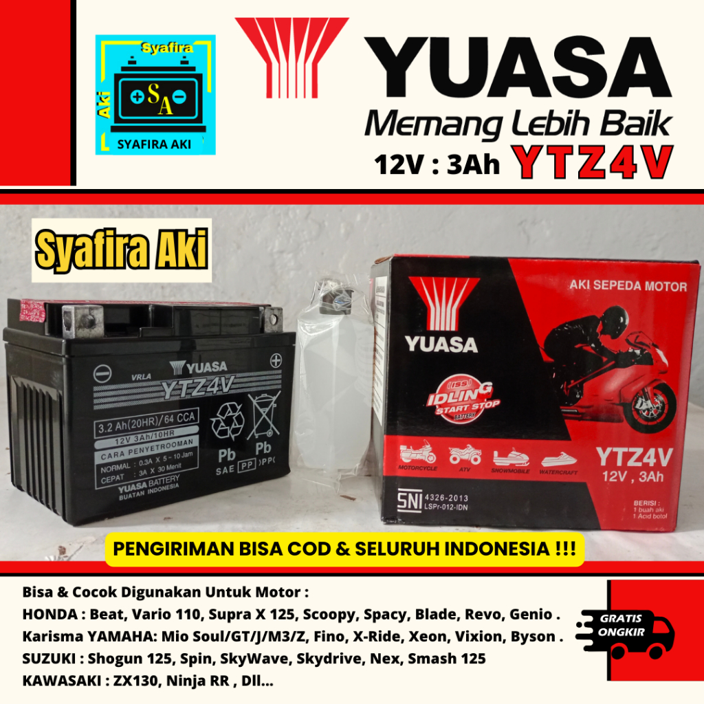 AKI MOTOR VARIO 110, BEAT, SUPRA X 125, KARISMA, SPACY, GENIO, REVO YTZ4V YUASA MF