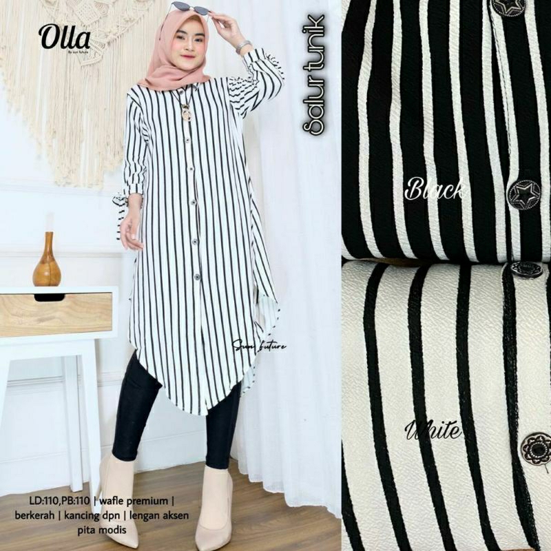 salur tunik atasan wanita panjang muslimah warna hitam putih garis