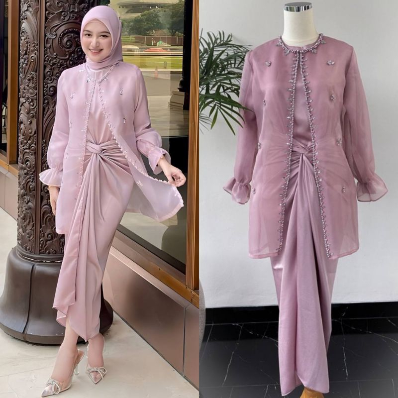 Oneset Jemma Outer Organza Inner Setelan Rok Lilit Kekinian Satin Maxmara Setelan Wanita Kondangan T
