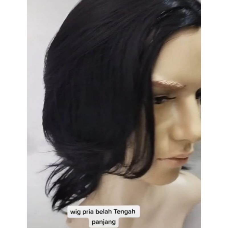 WIG PRIA RAMBUT PALSU BELAH TENGAH PANJANG SEBAHU HITAM