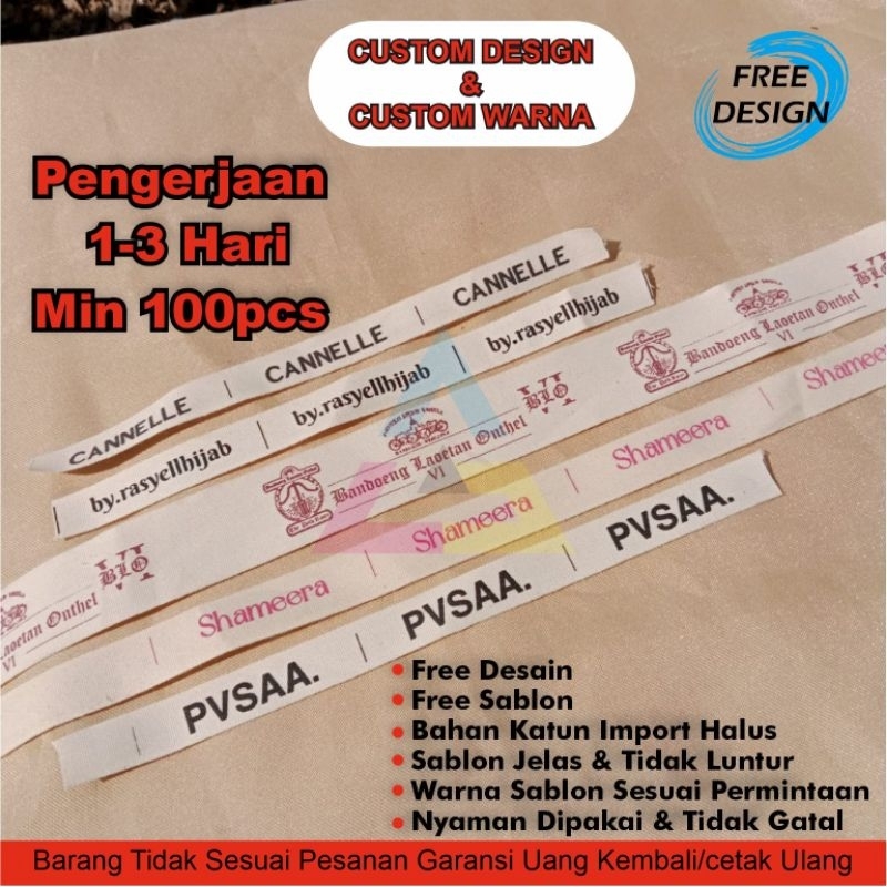 100pcs + bonus extra 1-3 hari beres katun imfort  FREE DESAIN custom/ label hijab SUPER MURAH label piterban label katun label hijab label gamis  label satin label pakaian label washing label lipat label pengganti woven label katun lembut label pundak