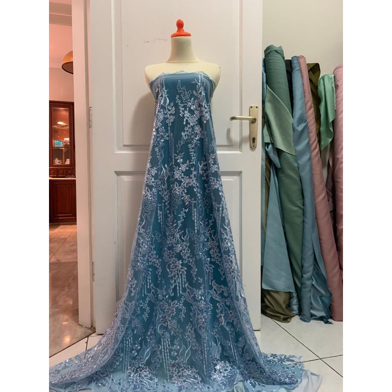 Bahan Kain Kebaya Brukat Brokat Tile Tulle Bordir Payet Mewah Gracia 1/2 Meteran Warna Baby Ice Blue