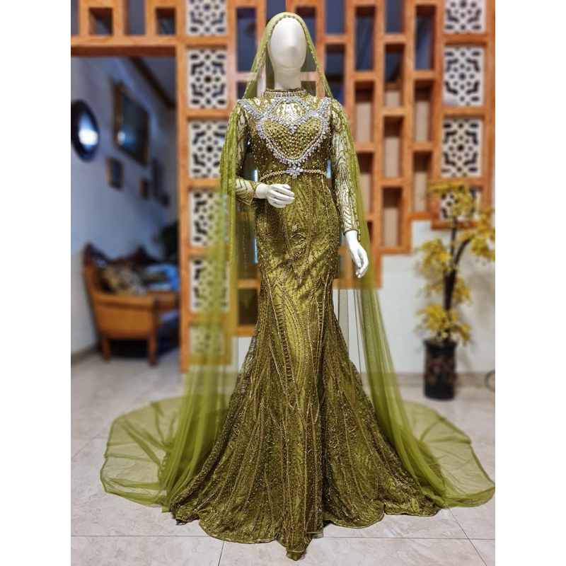 GAUN PENGANTIN SLIM DRESS DUYUNG EKOR LANGSUNG HIJAU OLIVE