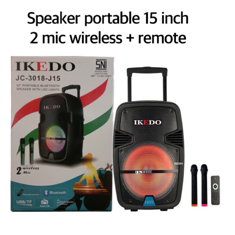 Speaker aktif portable Ikedo 15 inch + 2 mic wireless. JC-3018-J15. USB, Bluetooth, FM Radio
