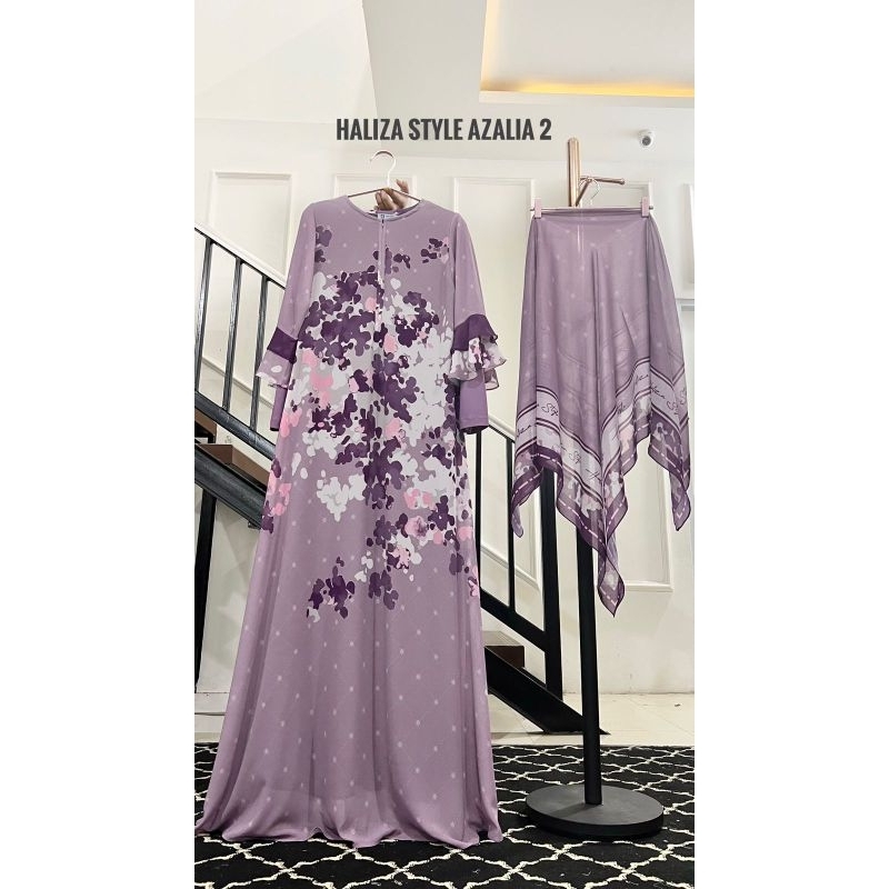 GAMIS HALIZA SYARI AZALIA 2, HALIZA STYLE , GAMIS UNGU, GAMIS MOTIF, SET GAMIS