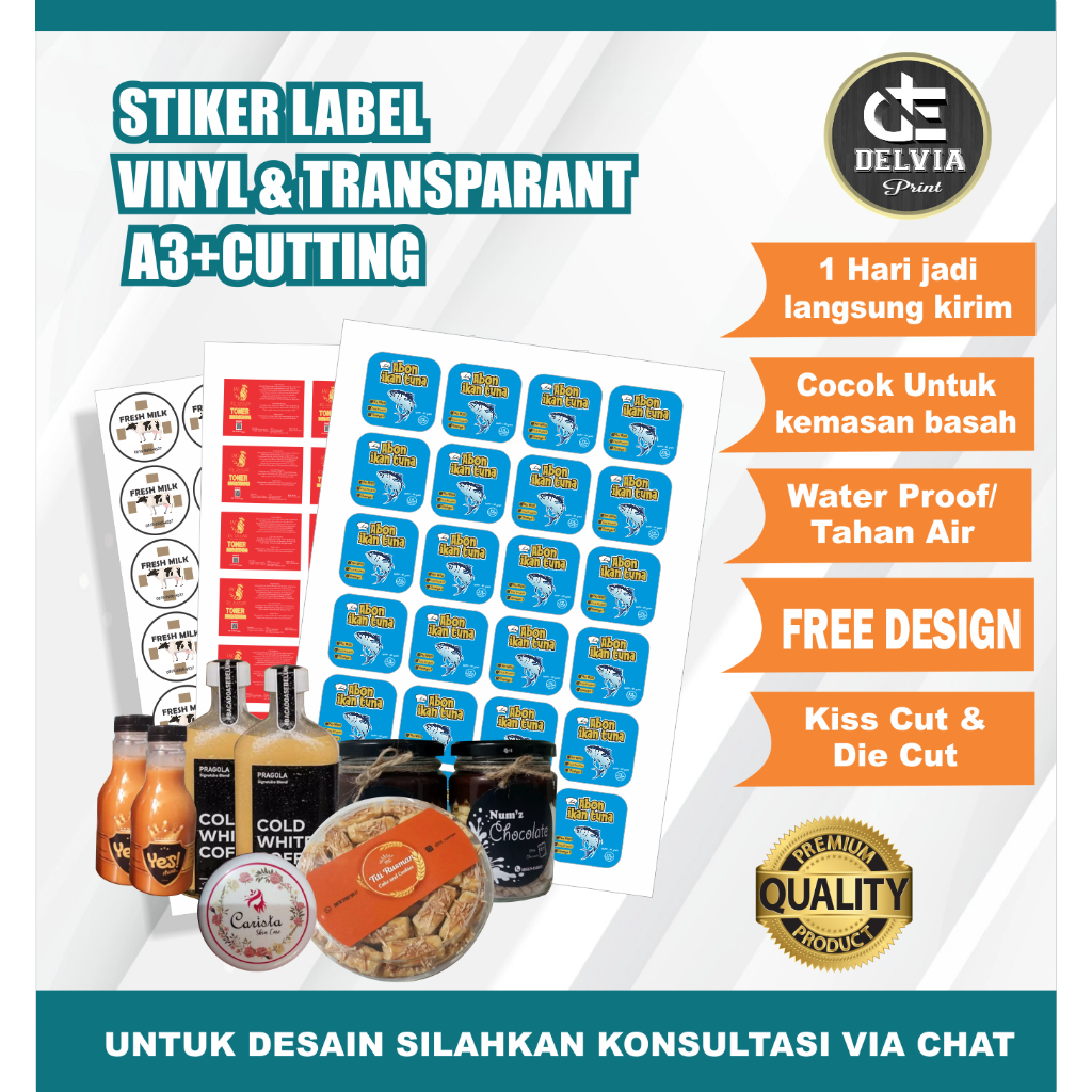 

Print Stiker Vinyl/Transparant BULAT/KOTAK/ROUNDED/SESUAI POLA /A3+/+ CUTTING, Label Produk/Kemasan/Free Disain