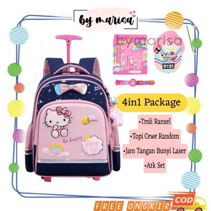 Tas Troli Anak Perempuan - Tas dorong notif hello kitty -Tas Sekolah anak SD Tk