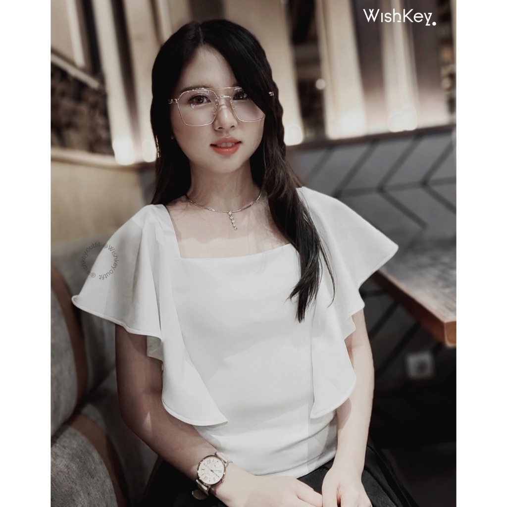 Blouse wanita ruffle crop [Artesia Wishkey] - Atasan wanita, Blouse putih, Atasan Ruffle, Blouse bat