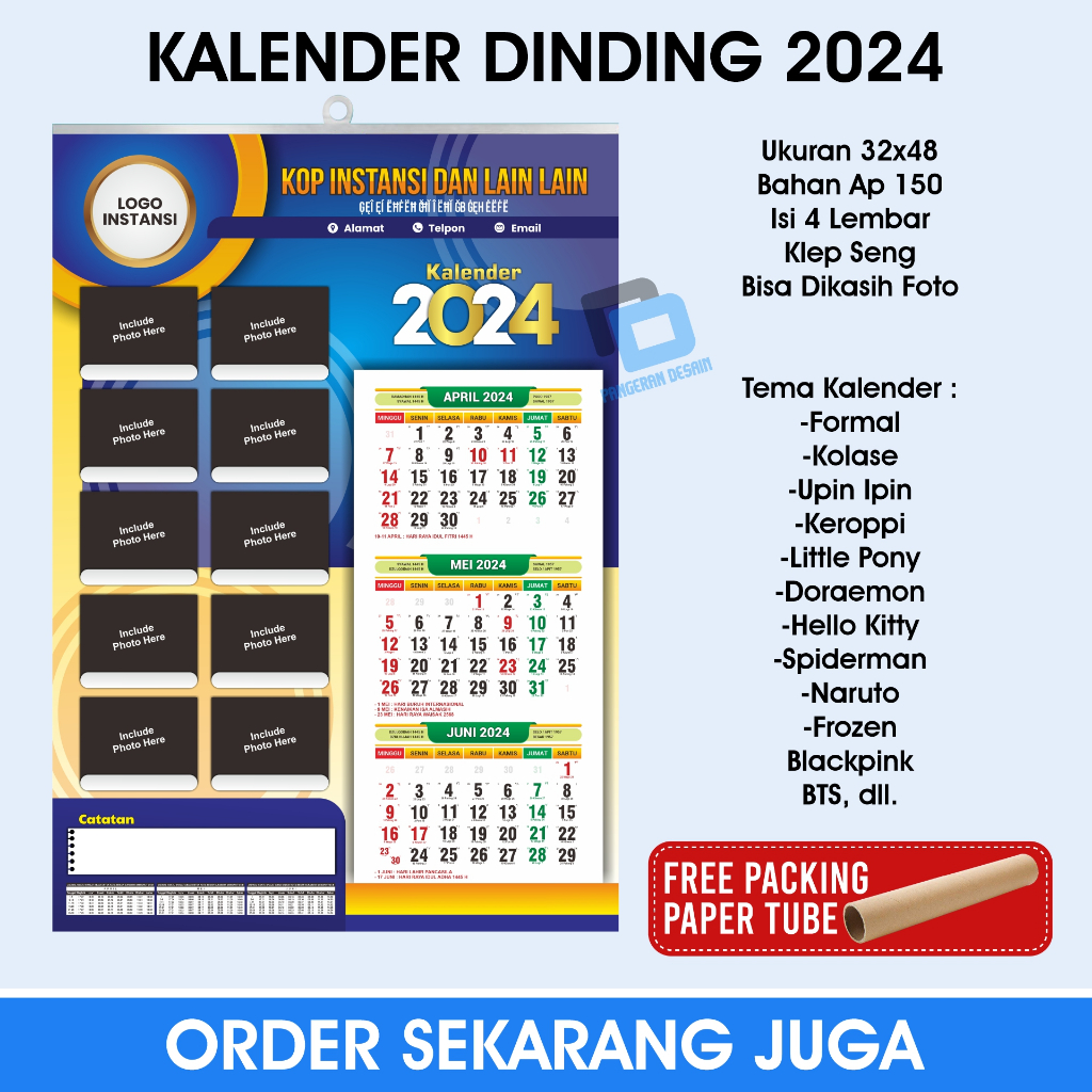 

Cetak Kalender Dinding 2024 Isi 4 Lembar Bisa Custom Foto Suka-Suka dan Pilihan Desain Banyak