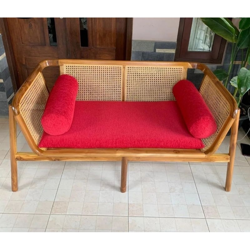 bangku jati kombinasi rotan / bangku sofa santai / kursi santai panjang