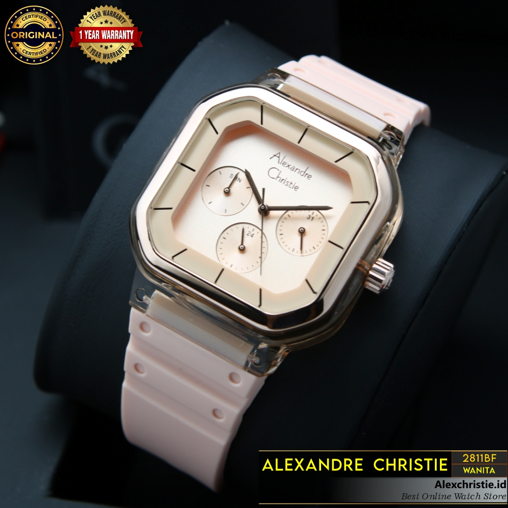 Jam Tangan Wanita Alexandre Christie AC 2811 BF Peach Rosegold Rubber Original