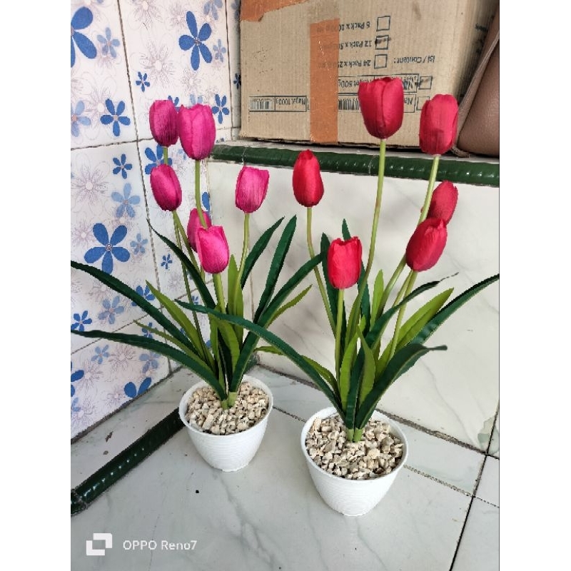 BUNGA HIAS TULIP JUMBO BAHAN LATEX VAS PLASTIK TINGGI 45CM