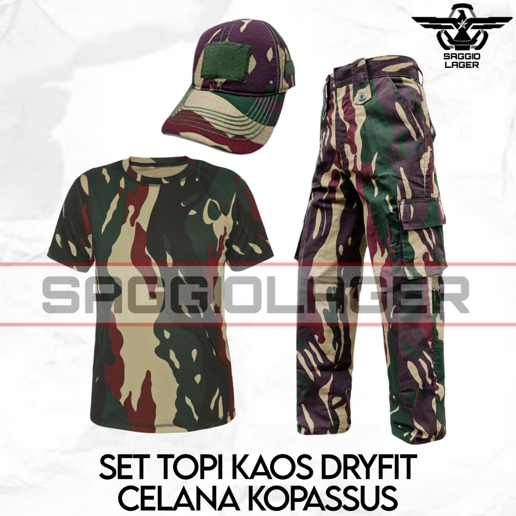 SATU SET SETELAN BAJU KAOS DRYFIT TOPI CELANA PDL PANJANG CARGO LORENG TNI KOPASSUS
