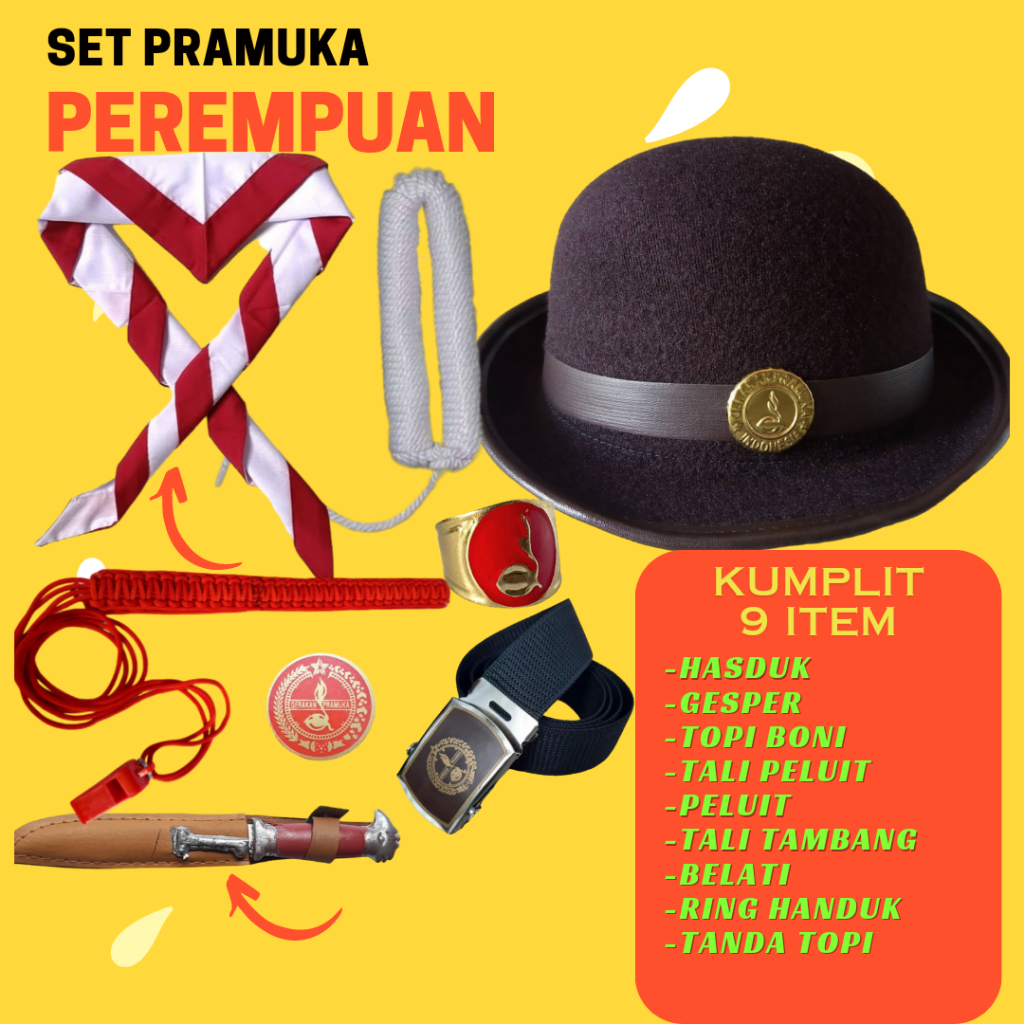 set pramuka anak perempuan kumpit anak sekolah sd smp sma  lengkap hasduk boni ring pramuka anak sd 