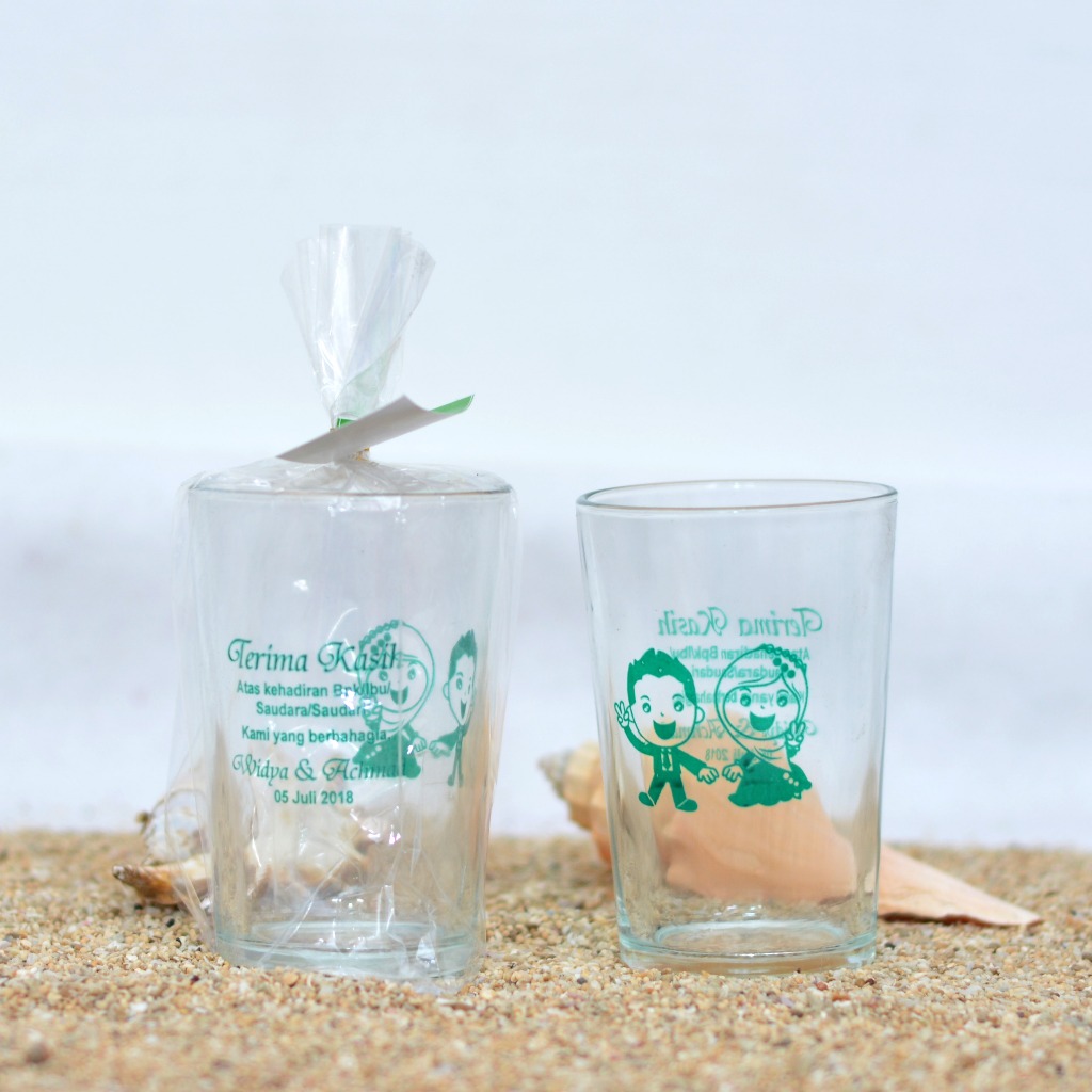 GELAS  KACA MINI CUSTOM SABLON NAMA KEMAS PLASTIK | SOUVENIR NIKAH GELAS UT 08 | SOUVENIR GELAS SABL