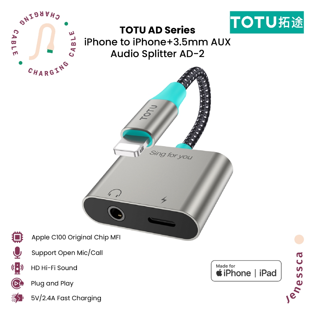 TOTU iPhone Audio Converter Lightning 3.5mm AUX Splitter SUPPORT CALL ON MIC