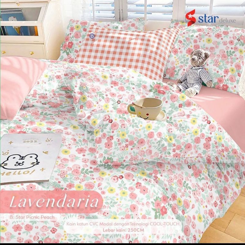 BEDCOVER SET STAR PREMIUM MOTIF LAVENDARIA PUTIH