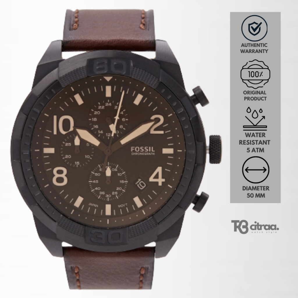 jam tangan fashion pria fossil Bronson analog strap kulit chronograph brown leather water resistant sporty elegant casual original FS5875