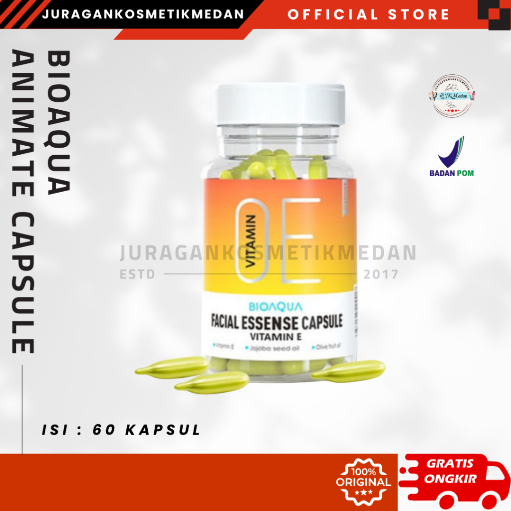 BIOAQUA SERUM WAJAH VITAMIN E FACIAL ESSENCE MOISTURIZING ANTI AGING SERUM ISI 60 KAPSUL BPOM REPAIR