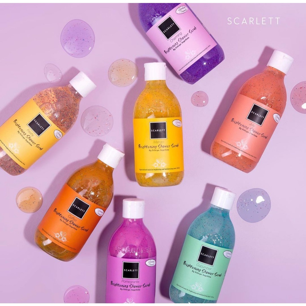 SCARLETT WHITENING Shower Scrub Series 300ml || Shower Scrub Jolly | Happy | Loving | Charming | Freshy | Pomegranate | Mango | Cucumber | Coffee || Scarlett Whitening by Felicya Angelista