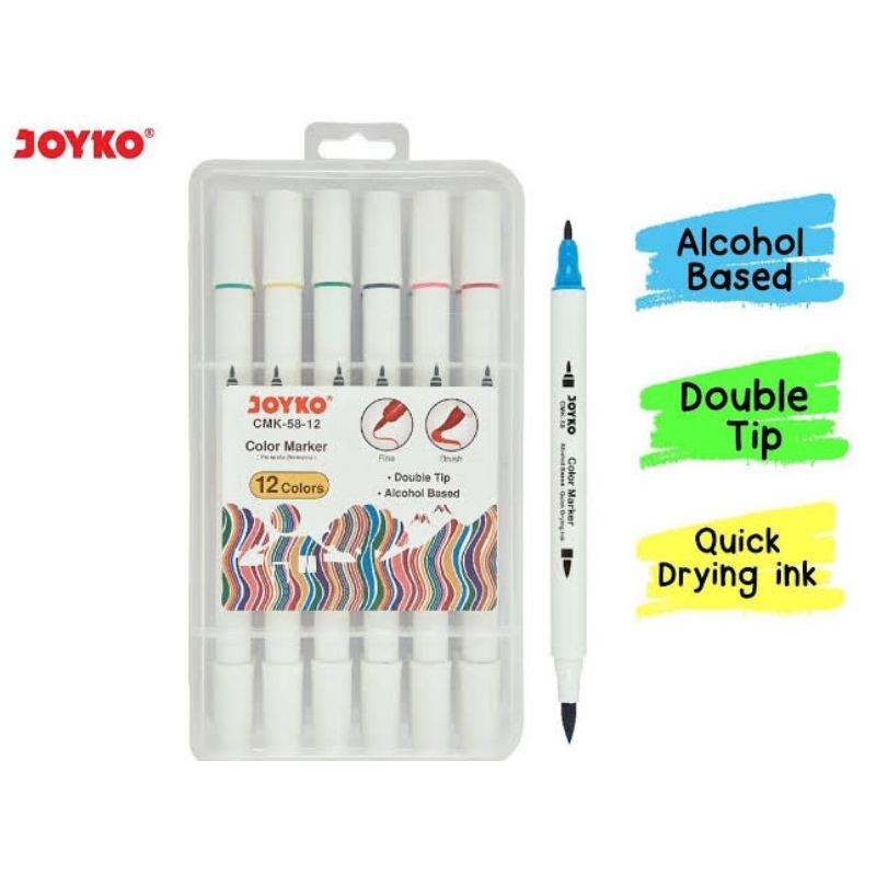 

COLOR MARKER CMK-58 12WARNA DOUBLE TIP / SPIDOL PENANDA JOYKO 2 SISI 12 WARNA