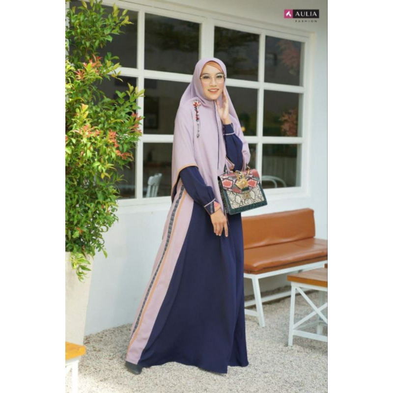 Aulia Fashion Gamis Terbaru Qameela Navy Lavender ORI Original Syari