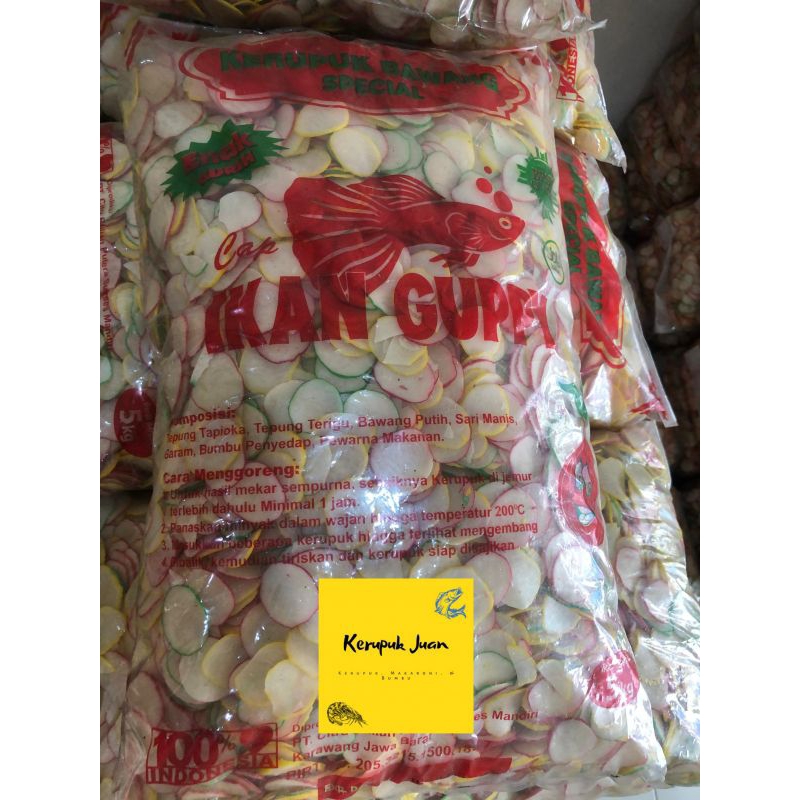 

Kerupuk Bawang Pinggiran Warna Cap Ikan Guppy 5 KG / 1 Bal
