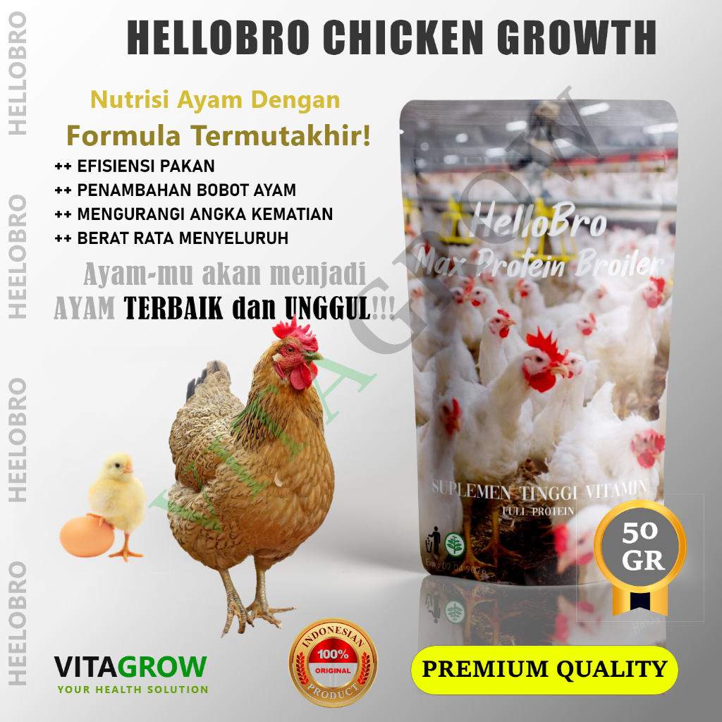 HELLOBRO Vitamin Ayam Premium Cepat Besar Super Gemuk Nutrisi Ayam Ternak Ayam Broiler 1 Kg
