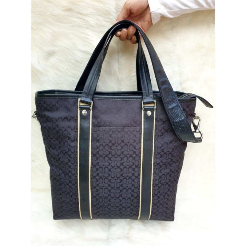 Coach Tas Tote Wanita Travel Handbag Besar Kanvas Mix Kulit Asli