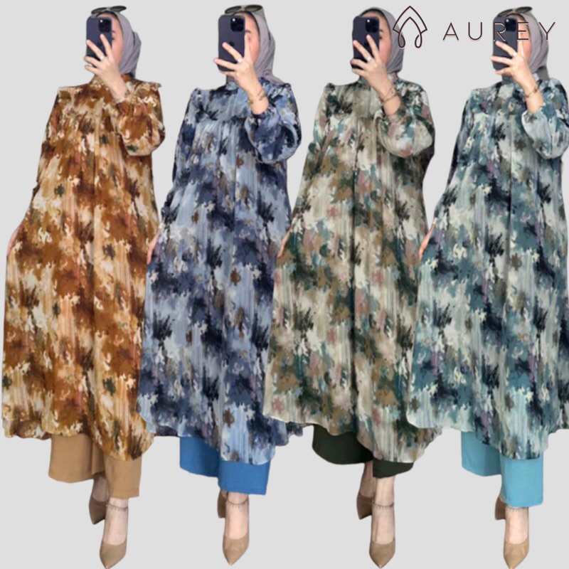 Aurey - Oneset long tunik wanita chavali setelan tunik panjang wanita setelan midi lengan panjang bu