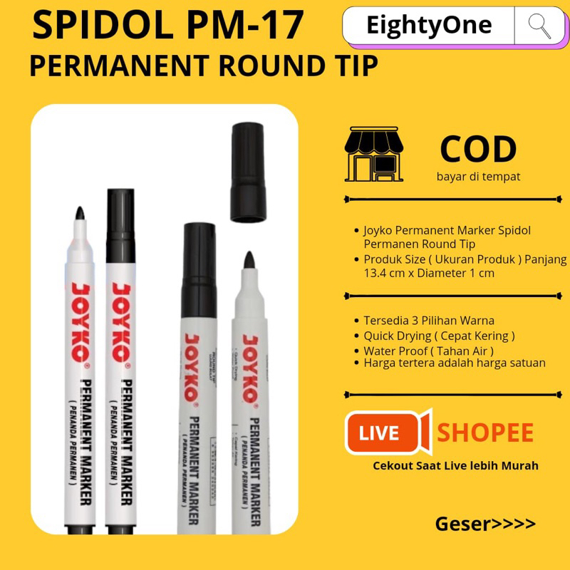 

1 Pcs - Joyko Permanent Marker Spidol PM-17 Permanen Round Tip