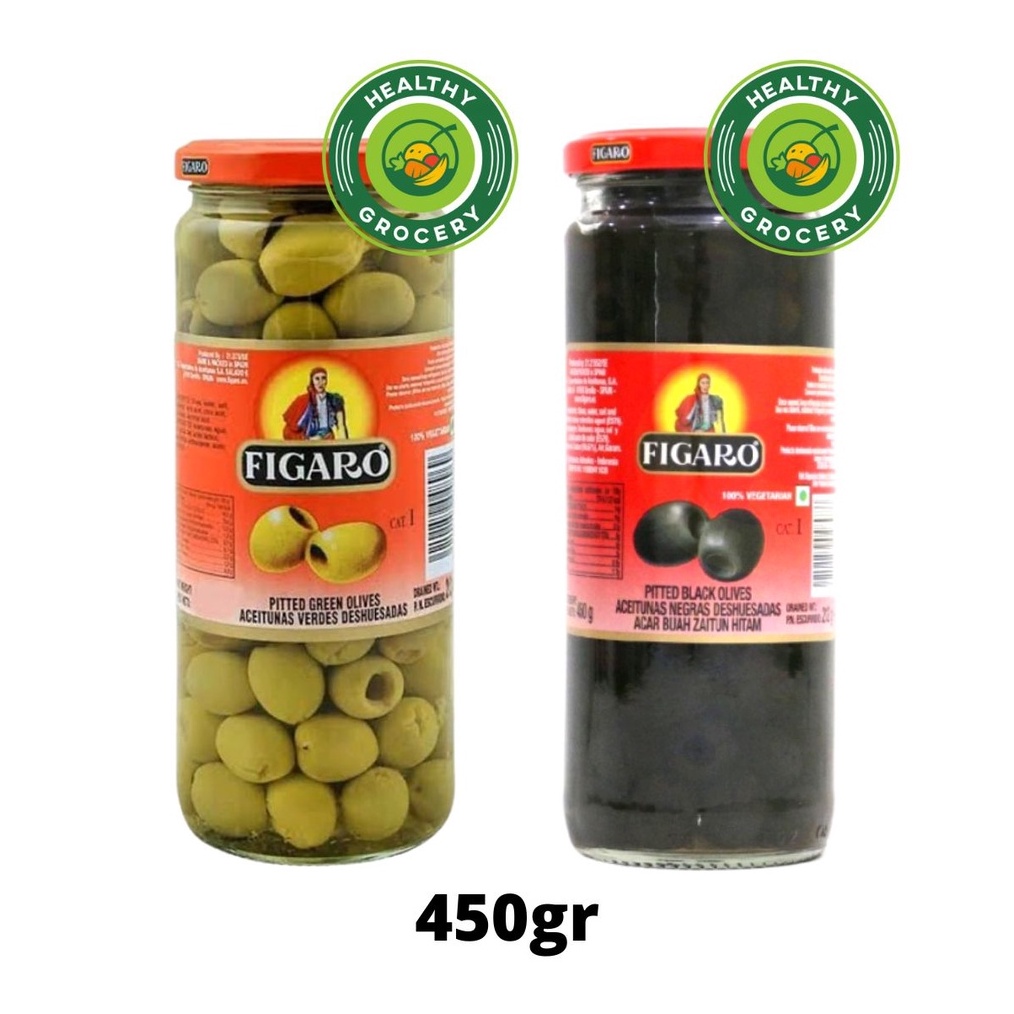 

Terlaris Today Figaro Green Olive With Pimiento / Pitted Black Olive 450gr In Jar / Pikel Zaitun !!