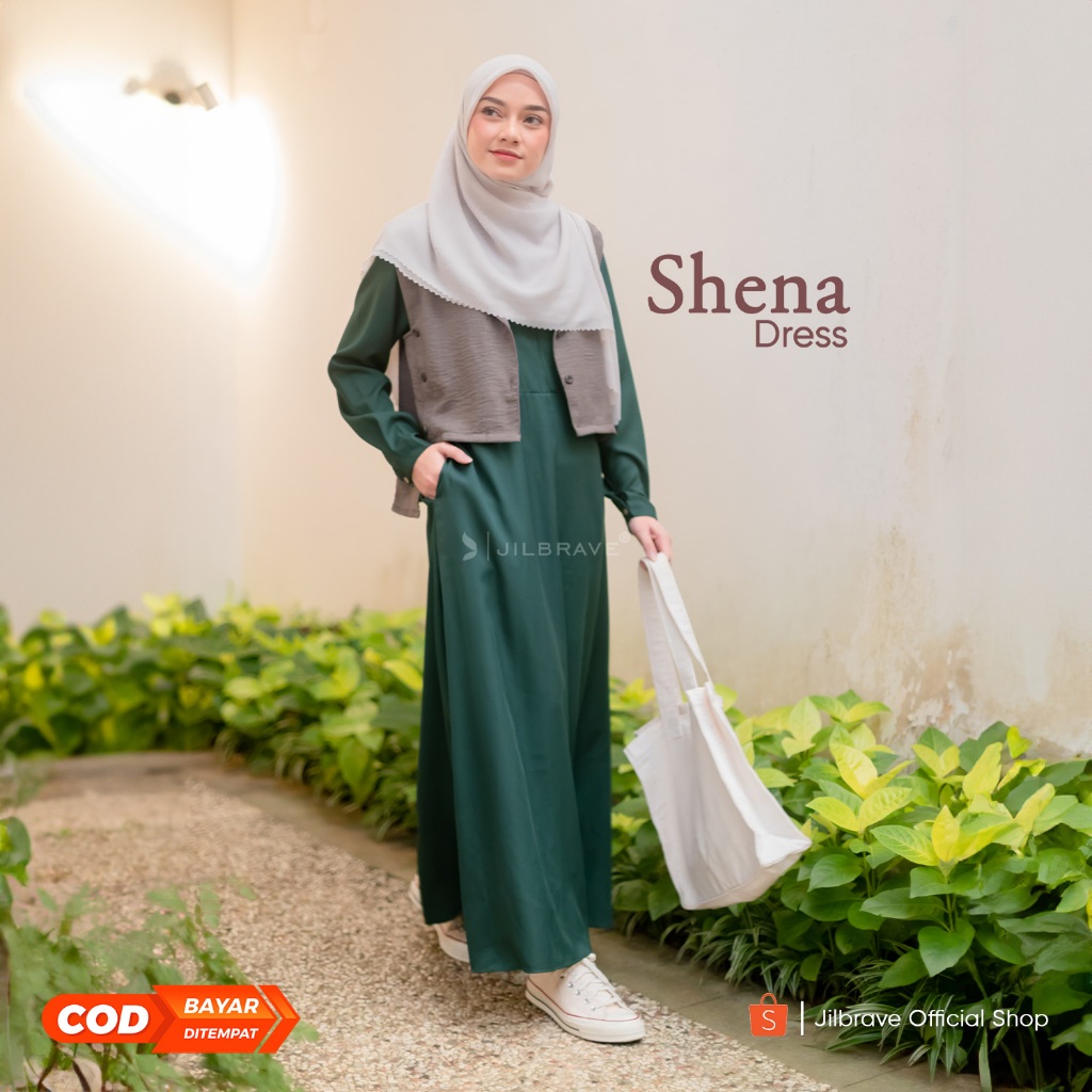 Jilbrave Shena Dress Warna Army | Gamis Outer Mahasiswi Semi Formal Model Smart Look Dress
