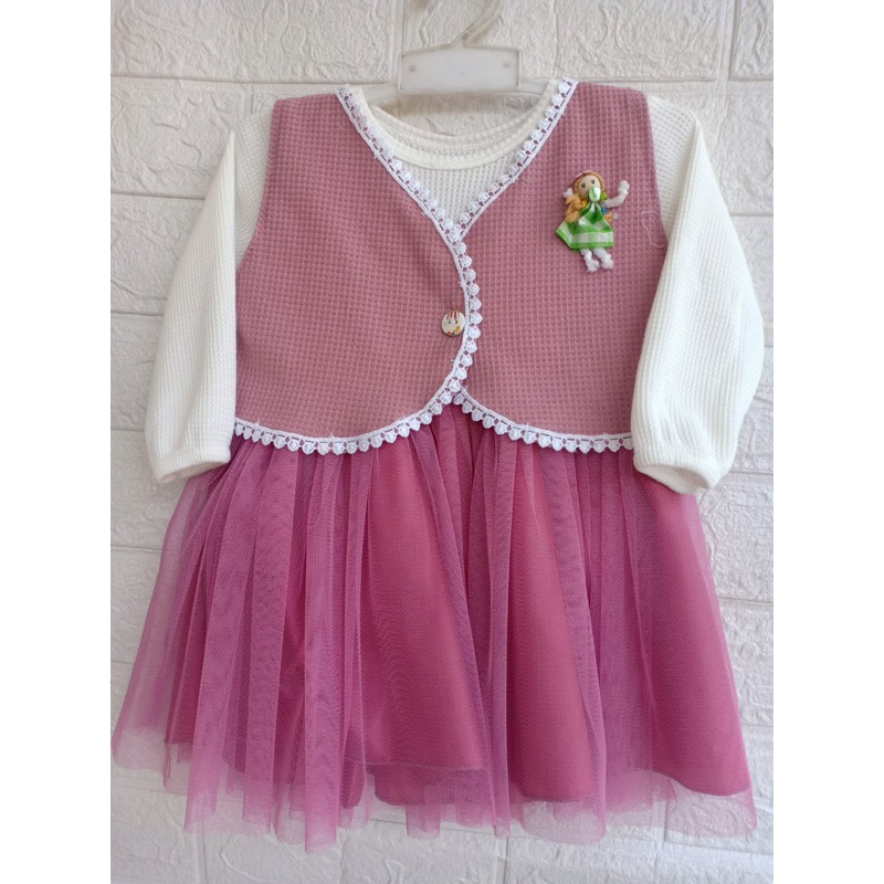 BAJU ANAK WAFFLE UNIQLO DENGAN ROMPI DAN ROK TUTU 6-18 BULAN | KOREAN DRESS ROMPI