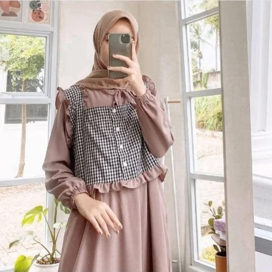 Gamis Remaja  Casual Terbaru Dress Muslim Rompi Kotak Kotak Baju Muslim Murah LALA DRESS Katun Setel