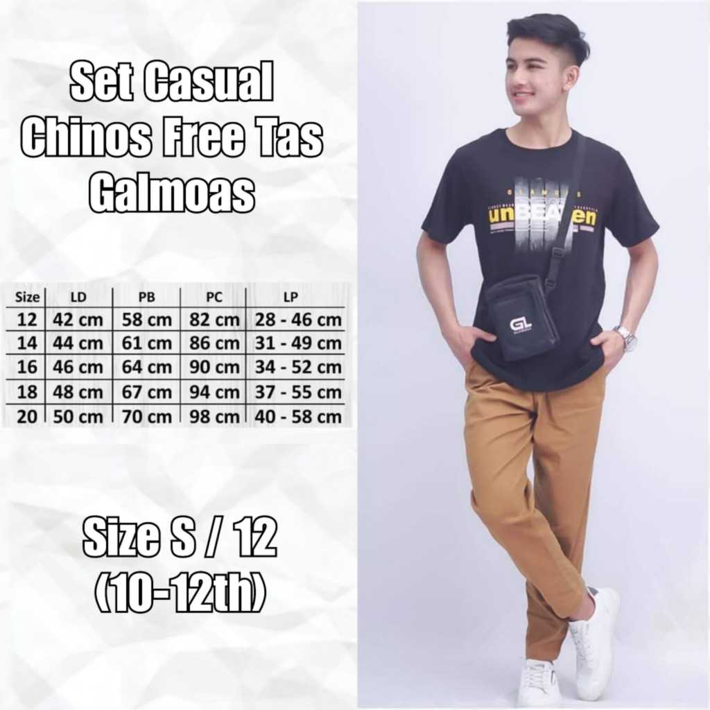 Set Casual Free Tas Slempang Glamoas 10-12th | Set Kaos Casual katun combad 24s Celana Katun Twill S