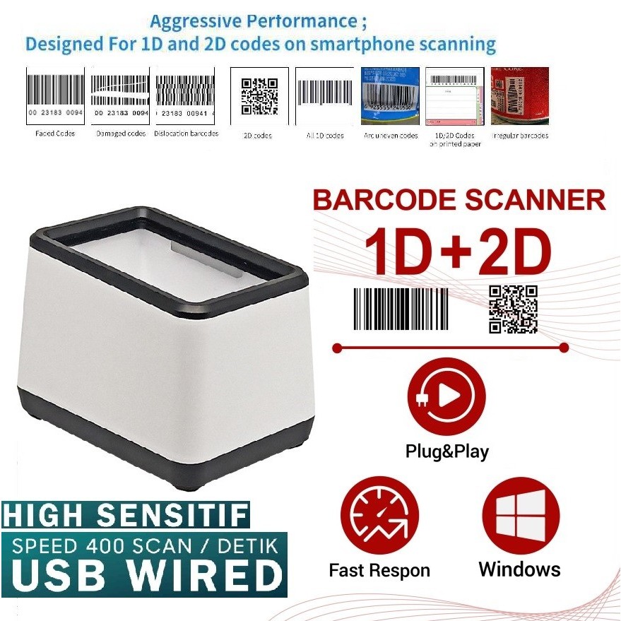 Barcode Scanner CMOS 1D 2D QR Code Dekstop - USB Bergaransi