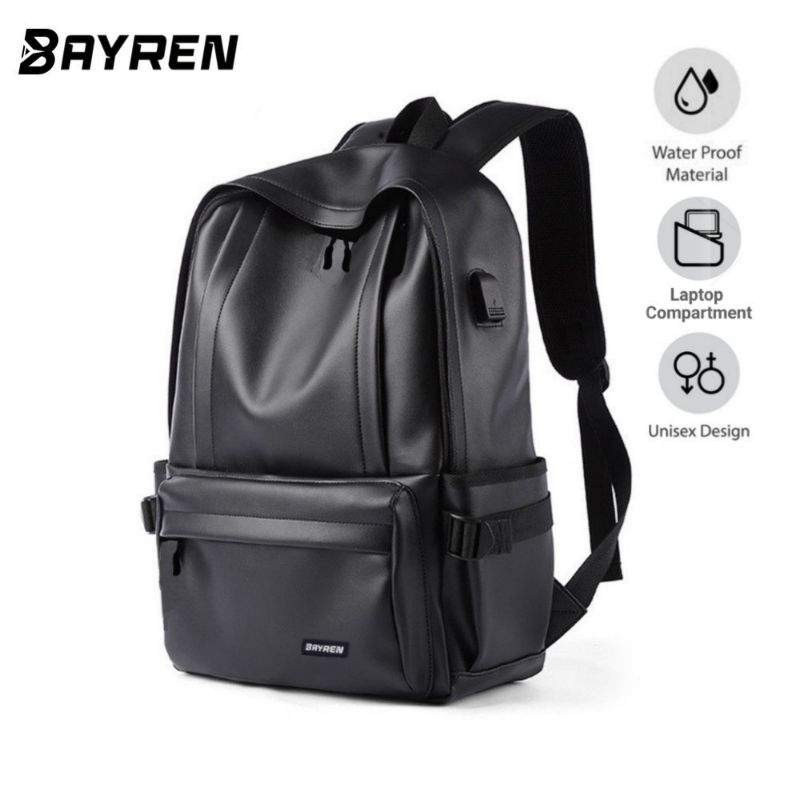 RANSEL KULIT BOSTON Tas Ransel Kulit Sintetis Pria Backpack Laptop 16 Inci USB Hitam BOSTON HIGH QUA