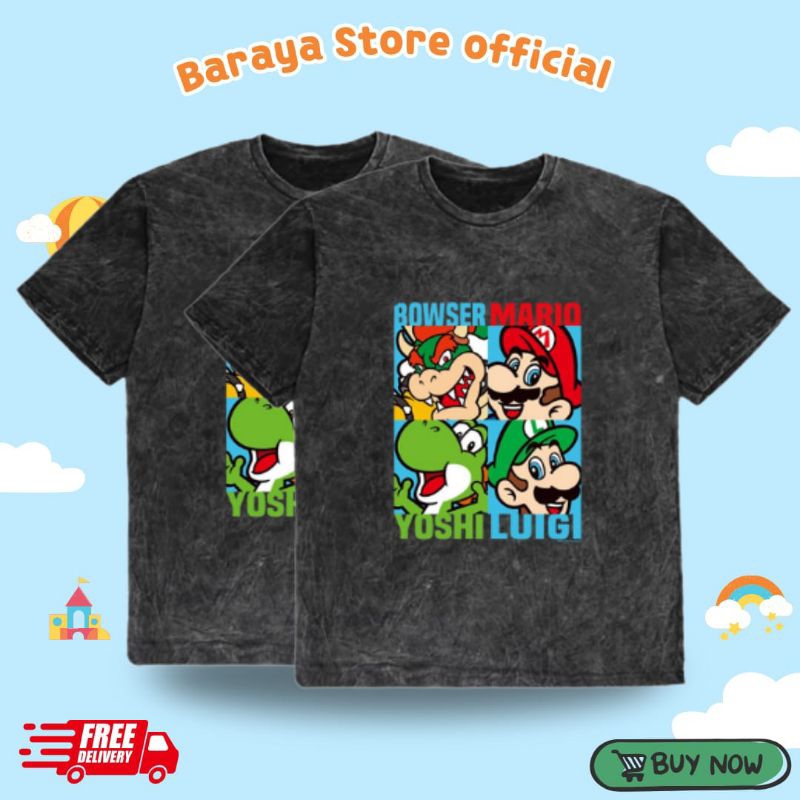 Baju Kaos Anak Distro Laki Laki Perempuan Umur 1-12 Tahun Washed Bowser Mario Kaos Anak Cowok Cewek 