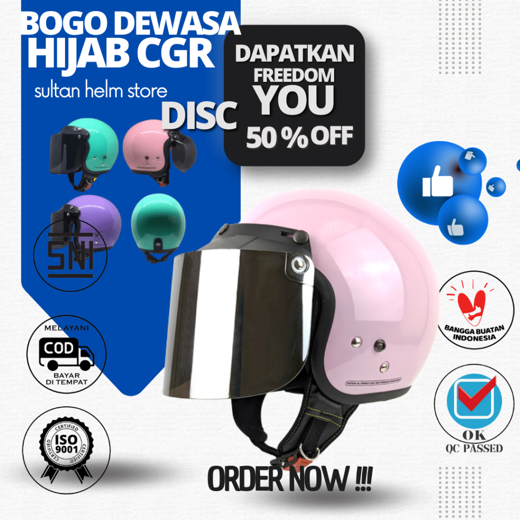 HELM Helem Bogo Dewasa Retro Original  FULL LEHER CEWE HIJAB TERKINI PRIA WANITA DEWASA KACA flat in