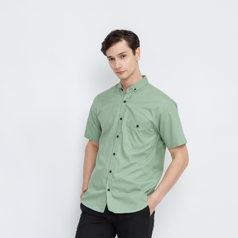 Kemeja Polos Pria Lengan Pendek Warna Sage Green | Kemeja Pria Sage Green Slimfit High Quality