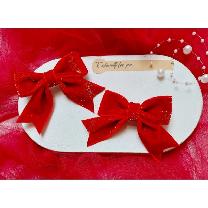 Sepasang Jepit Pita Velvet Glitter Merah/Jepit Pita Natal/Jepit anak/Jepit lucu